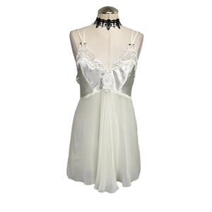 Vtg Y2K Beaded Embroidered Floral Satin Mesh Coquette Cottage Fairy‎ White Slip